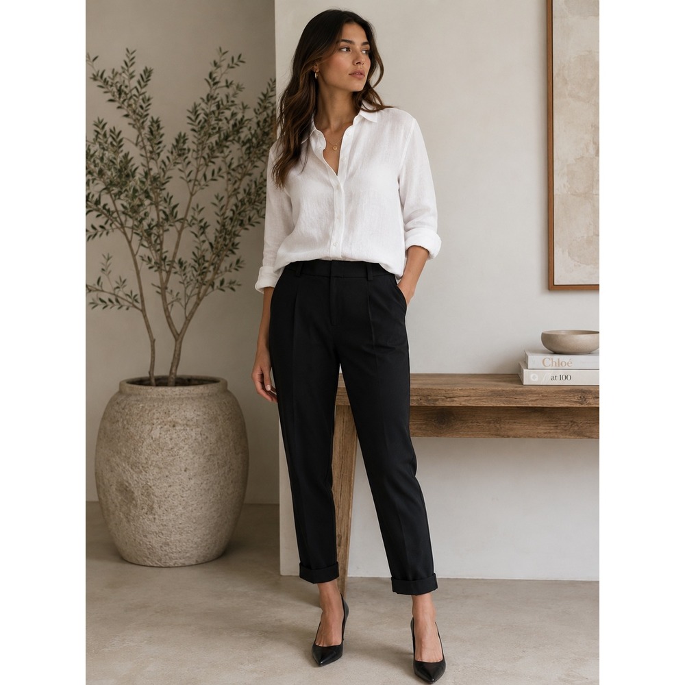 Alice + Olivia Employed Black Pleated Tapered Ankle Dress Pants Cuffed Hem Sz 8